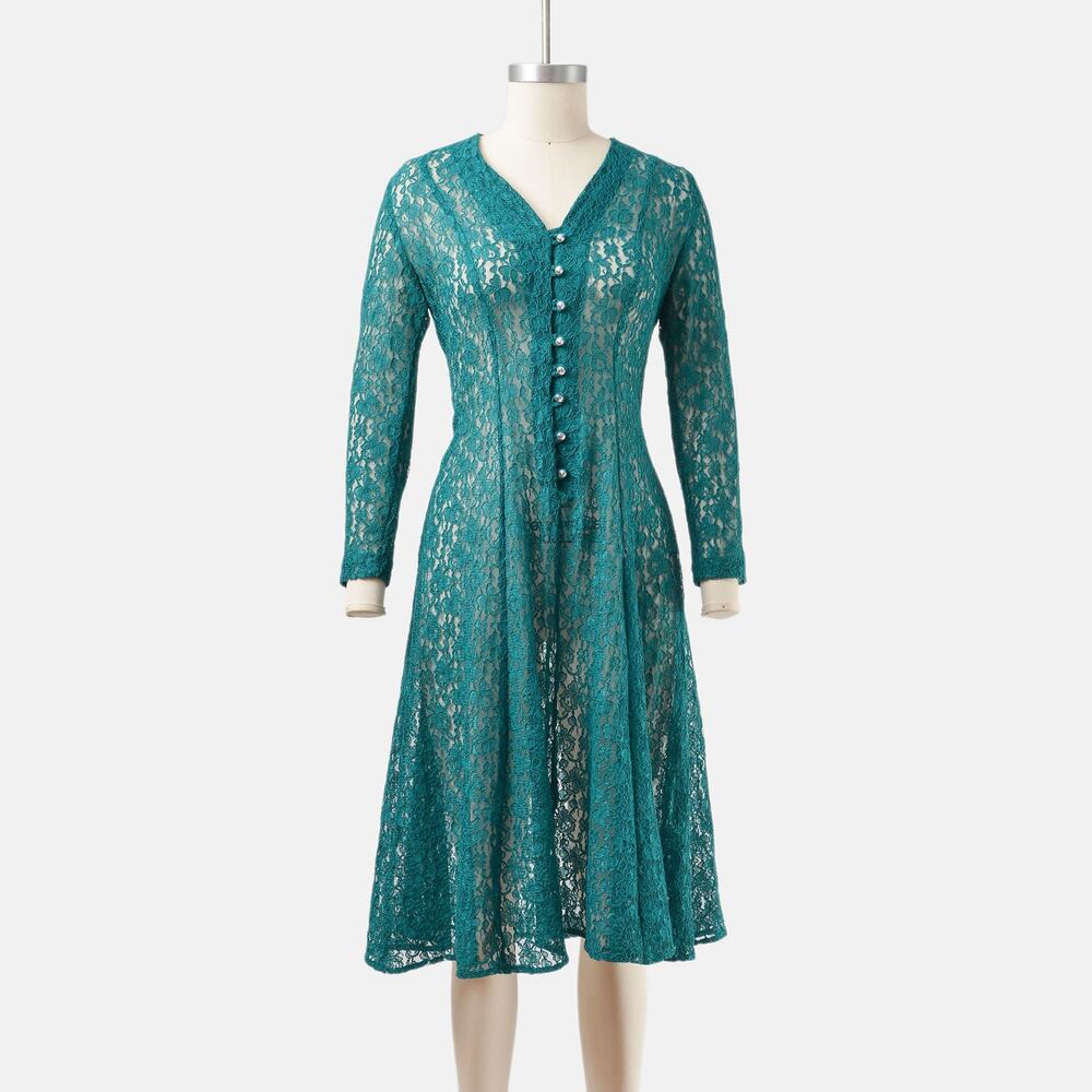 Vintage | Dresses | Vintage 9s Forest Green Lace Sheer Fit And Flare Fairy Grunge Midi Dress Xs S
